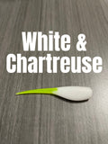 Shad Body crappie bait in White and Chartreuse, featuring an opaque white ribbed body and a slim pointed chartreuse tail.