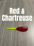 Red and Chartreuse Shad Body crappie bait featuring a translucent red glittered ribbed body and a slim chartreuse tail.