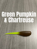 Green-pumpkin ribbed Shad Body crappie bait with red and green flakes and a chartreuse tail.