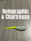 Livin' the Dream Crappie Baits Shad Body in Holographic & Chartreuse with a clear silver glitter body and chartreuse tail.
