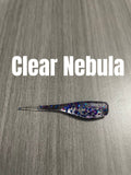 Clear Nebula Shad Body crappie bait featuring a clear ribbed body with blue and purple glitter and a clear pointed tail.