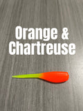 Shad Body crappie bait in Orange & Chartreuse, featuring a bright orange ribbed body and a slim pointed chartreuse tail.