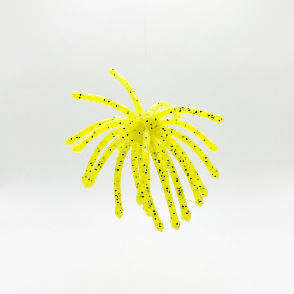 The Urchin crappie bait in Limetreuse & Black Flake, showing a bright lime-chartreuse body with black flakes.