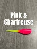 Shad Body crappie bait featuring a bright pink ribbed body and chartreuse tail, 15-pack.