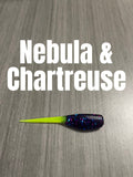 Nebula & Chartreuse Shad Body crappie bait featuring a dark blue-purple glittered body and chartreuse tail.