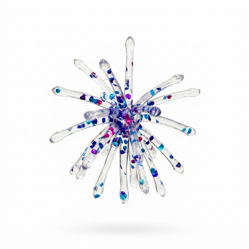 Clear Nebula Urchin crappie bait in clear plastic with blue, purple, and silver glitter.