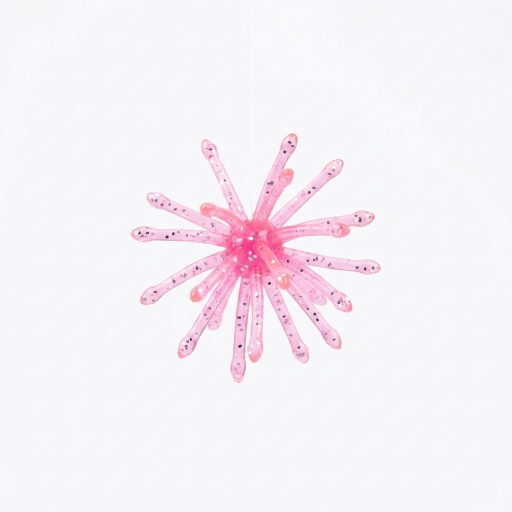 The Urchin crappie bait in bright translucent pink with silver flakes, packed in a protective jar.