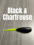 Livin' the Dream Crappie Baits Shad Body in Black & Chartreuse, featuring a solid black ribbed body and chartreuse tail.