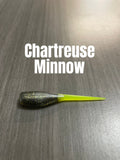 Chartreuse Minnow Shad Body crappie bait with a dark smoke-green glittered ribbed body and chartreuse tail.