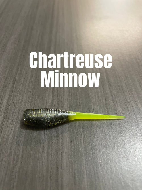 Chartreuse Minnow Shad Body crappie bait with a dark smoke-green glittered ribbed body and chartreuse tail.